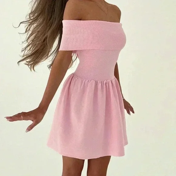 Pink Elegant Women's Off-Shoulder Mini Dress In Romantic Color - Picture 5 of 6